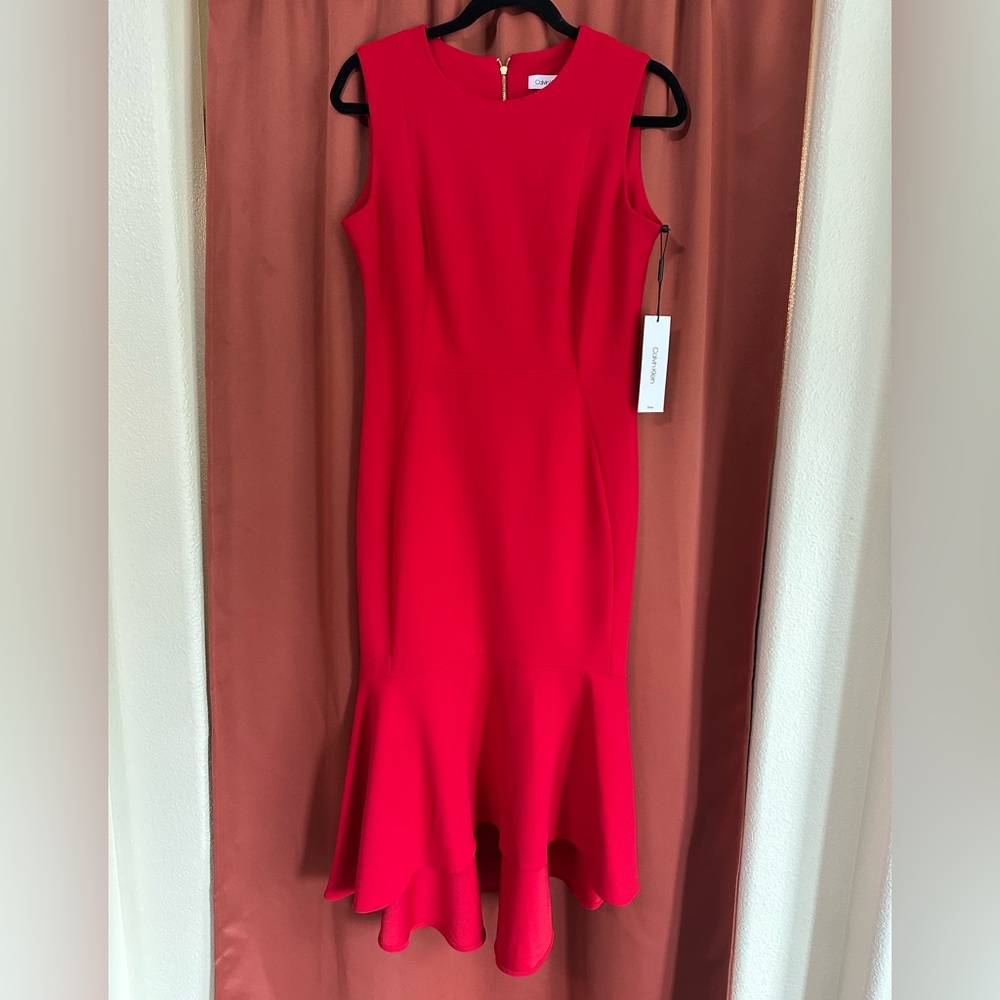NWT Calvin Klein Red Midi Dress Fitted Sheath Ruffle Hem Size 8